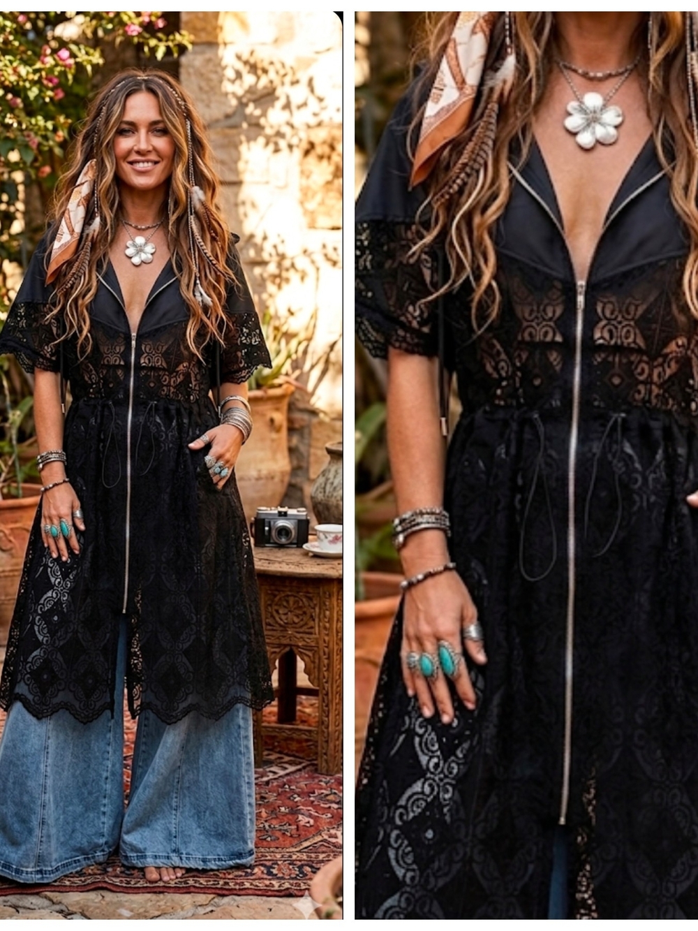 Boho Black Lace Cinch Waist Zip-Front Duster